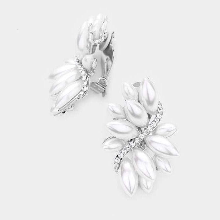 Swirl Pearl Marquise Crystal Silver Clip On Earrings