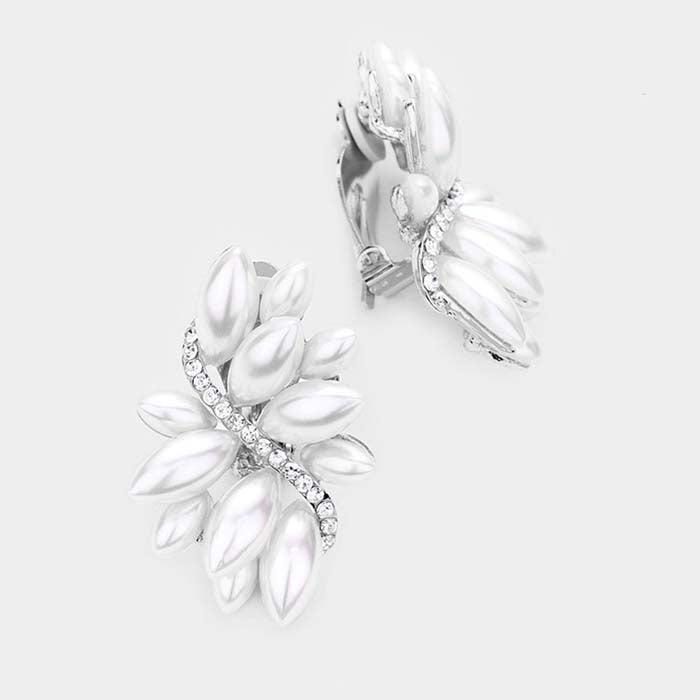 Swirl Pearl Marquise Crystal Silver Clip On Earrings
