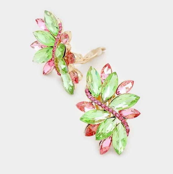 Swirl Pink & Green Marquise Crystal Clip on Earrings