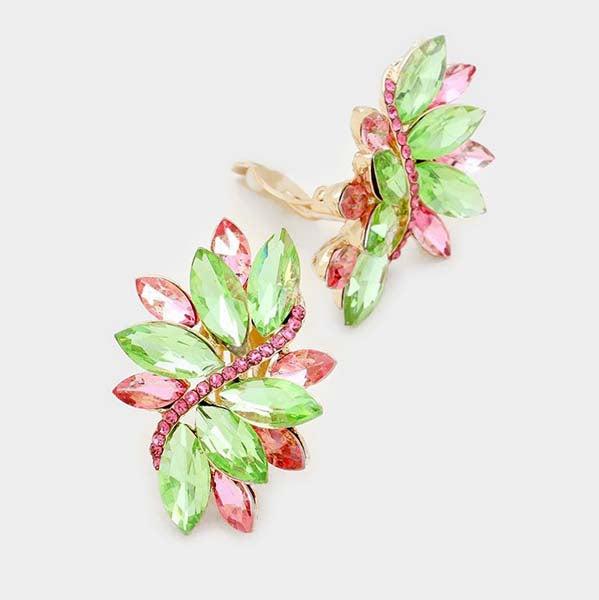 Swirl Pink & Green Marquise Crystal Clip on Earrings