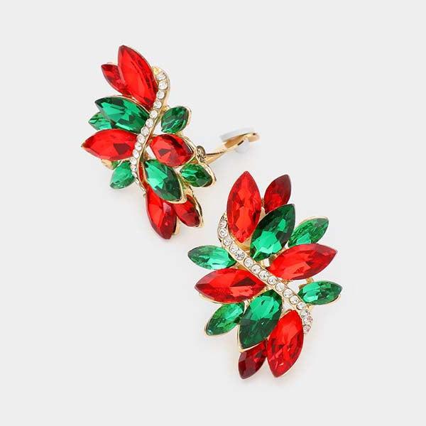 Swirl Red & Green Marquise Crystal Clip on Earrings