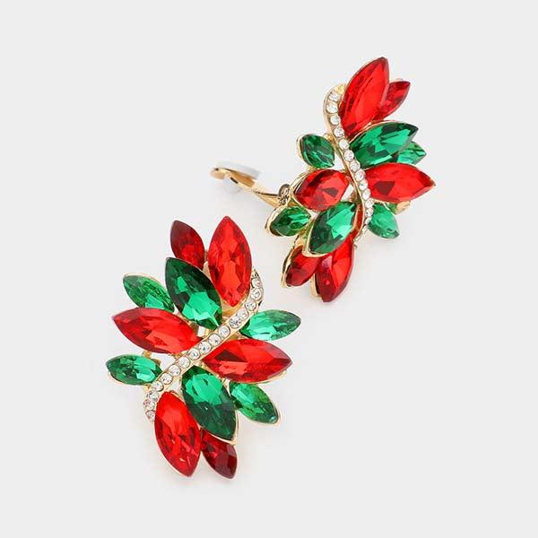 Swirl Red & Green Marquise Crystal Clip on Earrings