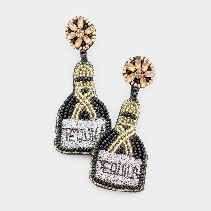 TEQUILA Bottle Black Seed Bead Earrings-Earring-SPARKLE ARMAND