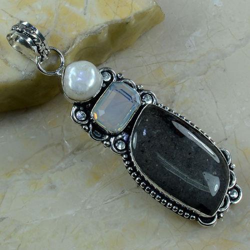 TURRITELLA, OPALITE, BIWA PEARL, .925 SILVER PLATED PENDANT 3.25" + 20" CORD NECKLACE-Pendant-SPARKLE ARMAND