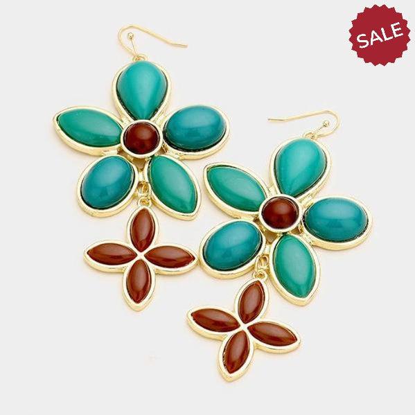Teal Blue & Brown Resin Flower Earrings
