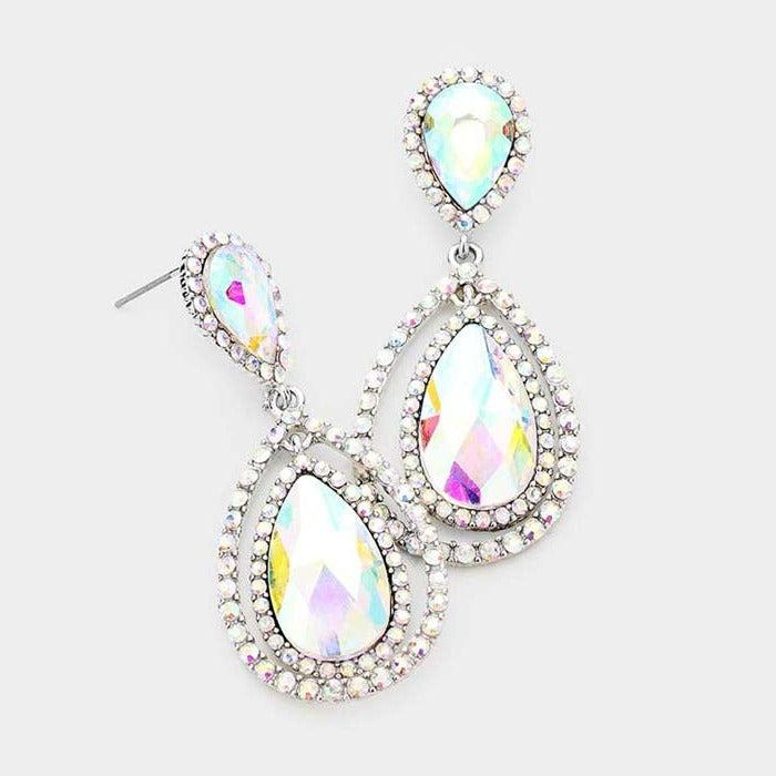 Teardrop Abalone Crystal Dangle Silver Evening Earrings