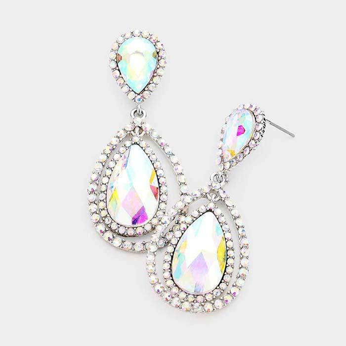 Teardrop Abalone Crystal Dangle Silver Evening Earrings