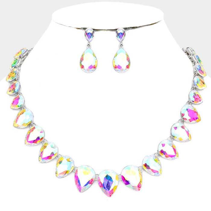 Teardrop Abalone Stone Silver Evening Necklace Set