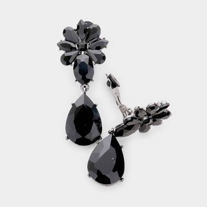 Teardrop Black Crystal Oval Floral Evening Clip On Earrings