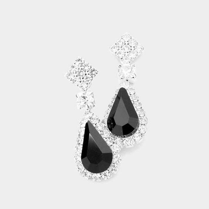 Teardrop Black Stone Accented Dangle Evening Earrings