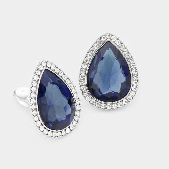 Teardrop Blue Crystal Rhinestone Clip On Earrings