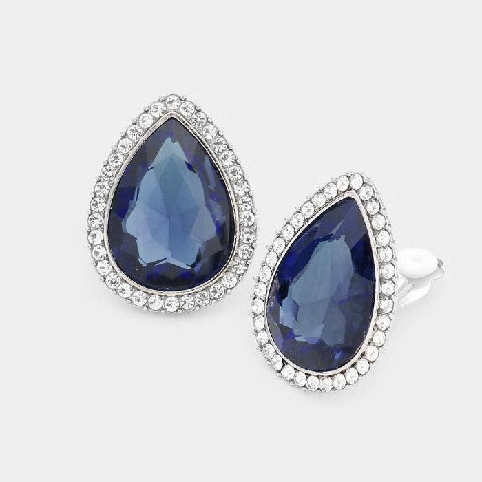 Teardrop Blue Crystal Rhinestone Clip On Earrings