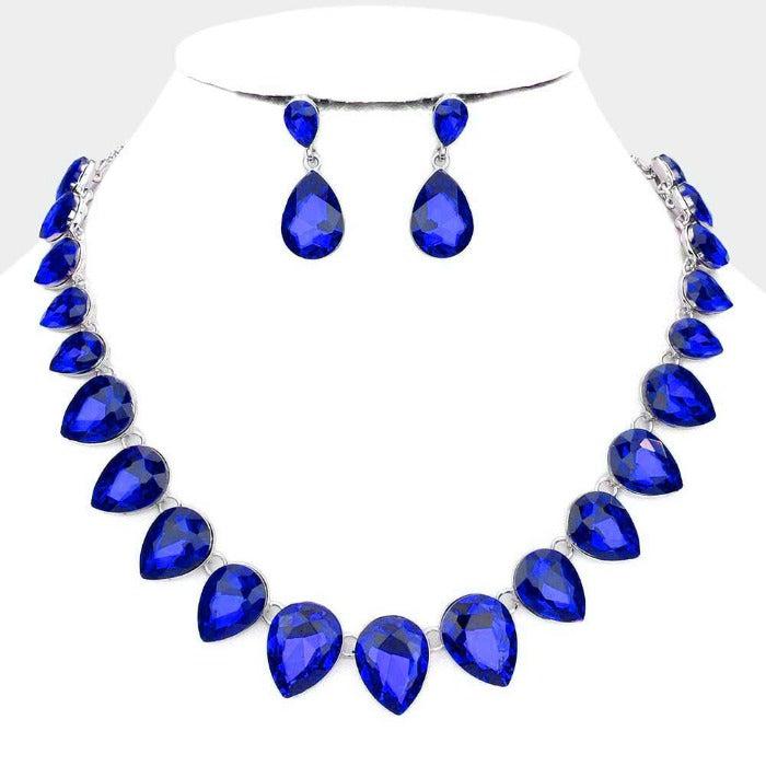 Teardrop Blue Crystal Silver Evening Necklace Set