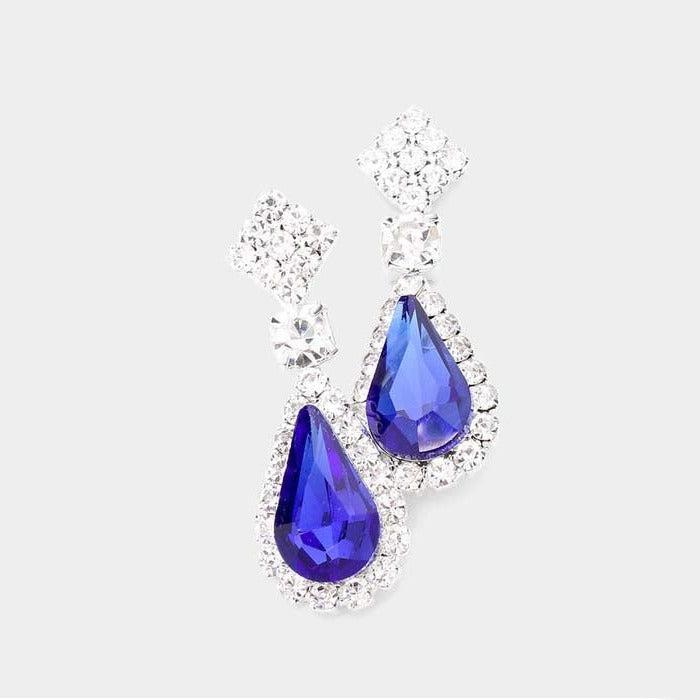 Teardrop Blue Stone Accented Dangle Evening Earrings