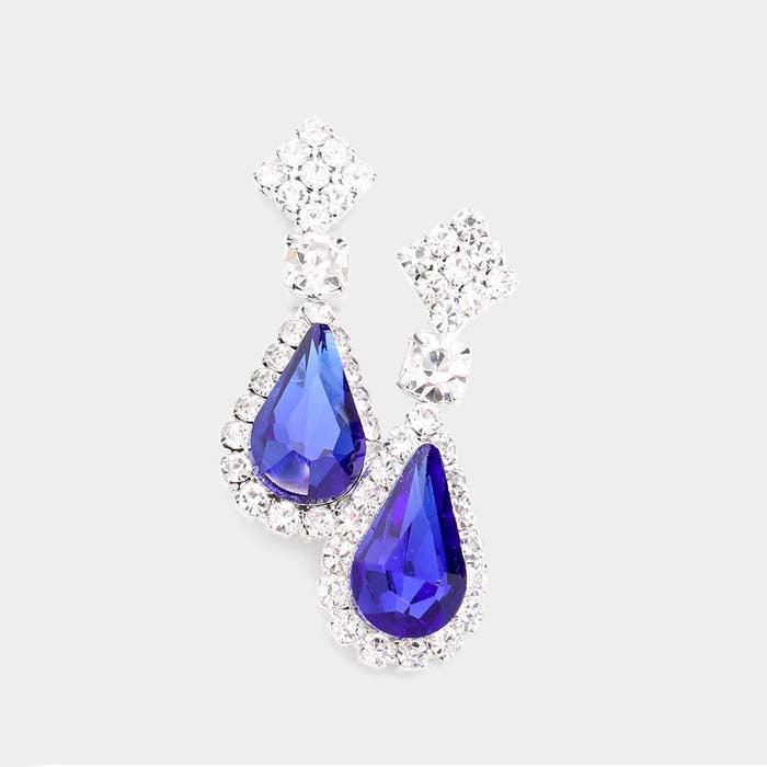 Teardrop Blue Stone Accented Dangle Evening Earrings
