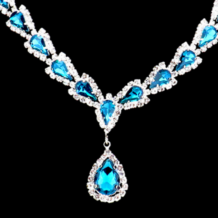 Teardrop Blue Stone Accented Rhinestone Silver Necklace Set-Necklace-SPARKLE ARMAND