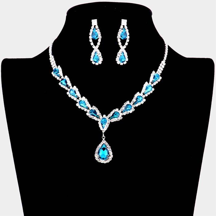 Teardrop Blue Stone Accented Rhinestone Silver Necklace Set
