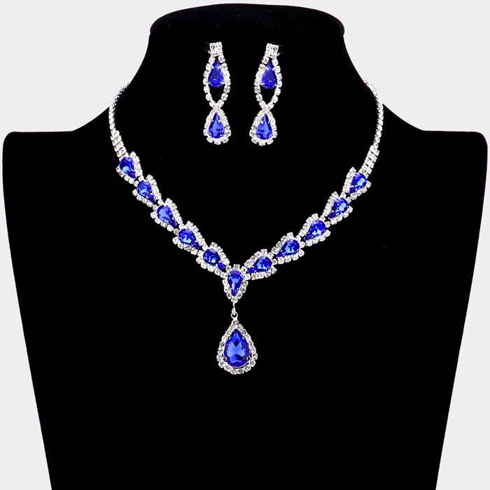 Teardrop Blue Stone Accented Rhinestone Silver Necklace Set