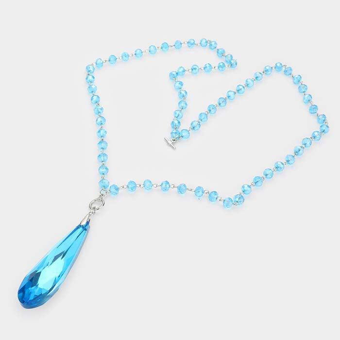 Teardrop Blue Stone Pendant Faceted Beaded Toggle Necklace Set