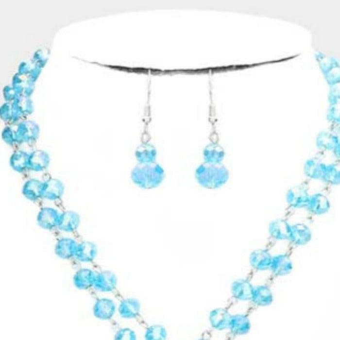 Teardrop Blue Stone Pendant Faceted Beaded Toggle Necklace Set