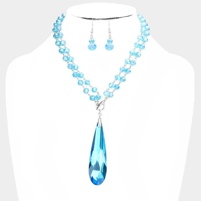 Teardrop Blue Stone Pendant Faceted Beaded Toggle Necklace Set