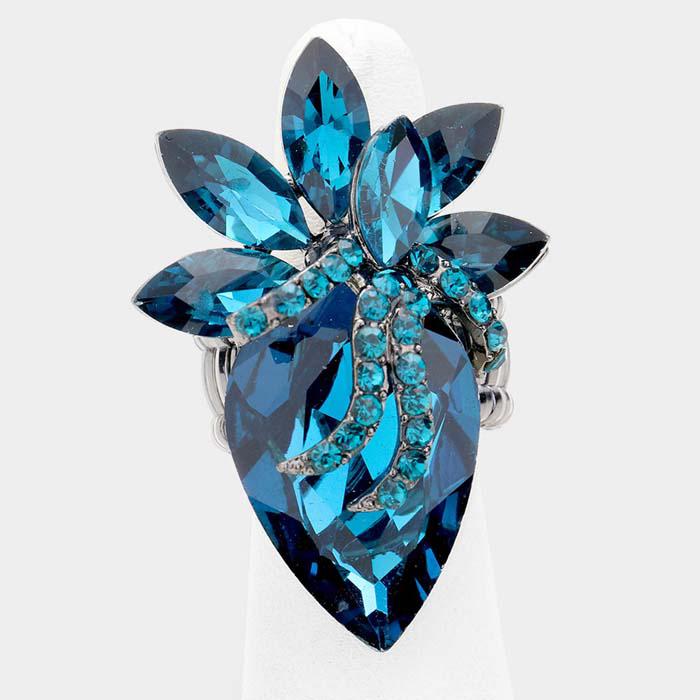 Oval Blue Zircon Crystal Accented Cluster Stretch Ring