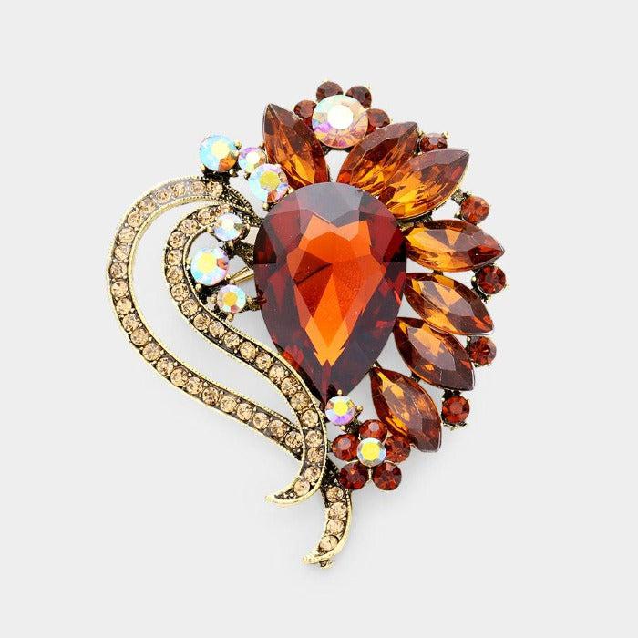 Teardrop Center Brown Flower Crystal Pin Brooch