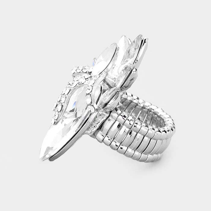 Teardrop Clear Crystal Accented Cluster Silver Stretch Ring