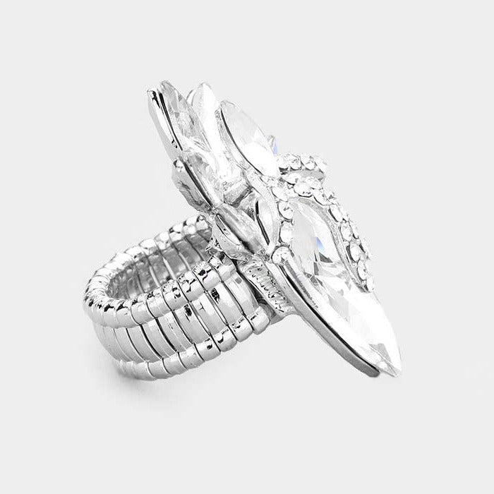 Teardrop Clear Crystal Accented Cluster Silver Stretch Ring