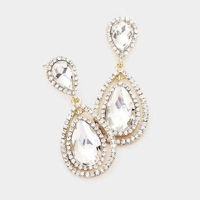 Teardrop Clear Crystal Dangle Gold Evening Earrings