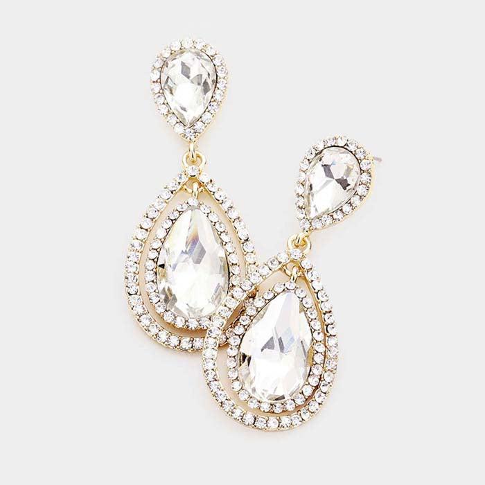 Teardrop Clear Crystal Dangle Gold Evening Earrings
