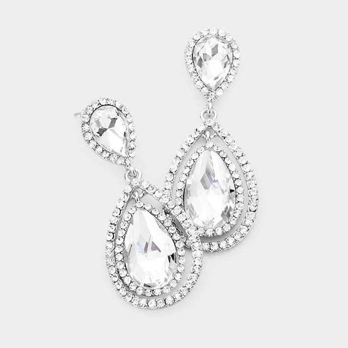 Teardrop Clear Crystal Dangle Silver Evening Earrings