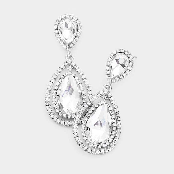 Teardrop Clear Crystal Dangle Silver Evening Earrings