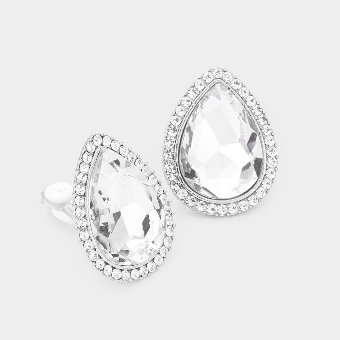 Teardrop Clear Crystal Rhinestone Clip On Earrings