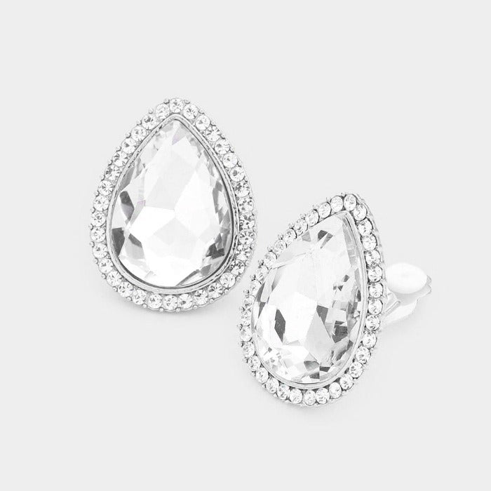 Teardrop Clear Crystal Rhinestone Clip On Earrings