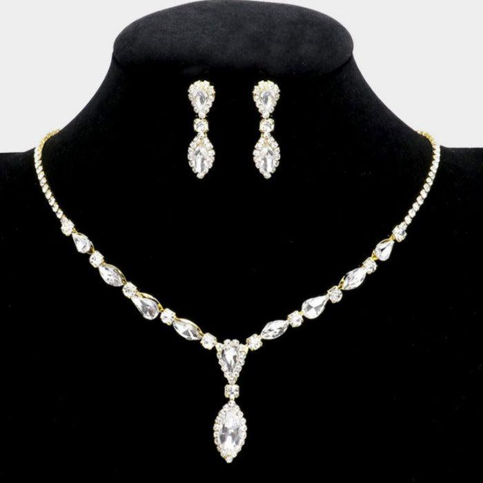 Teardrop Clear Marquise Stone Rhinestone Gold Necklace Set