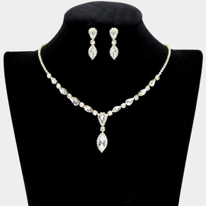 Teardrop Clear Marquise Stone Rhinestone Gold Necklace Set