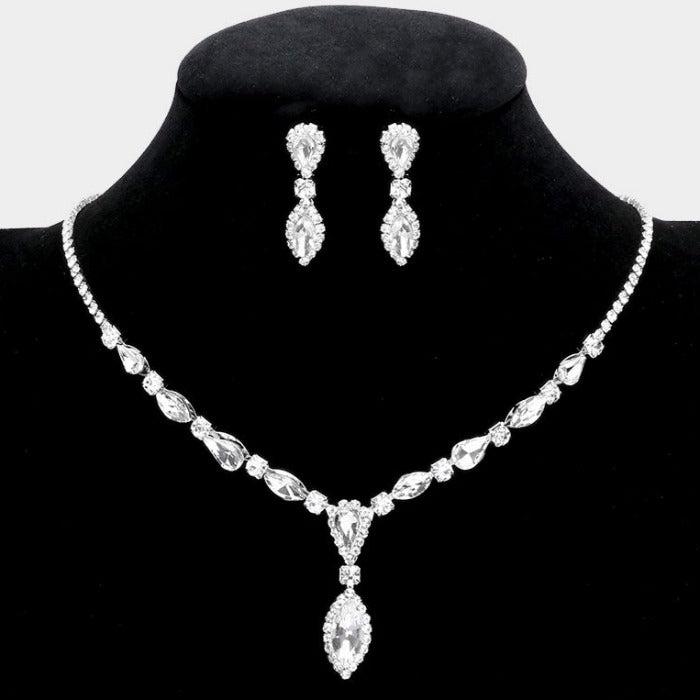 Teardrop Clear Marquise Stone Rhinestone Silver Necklace Set