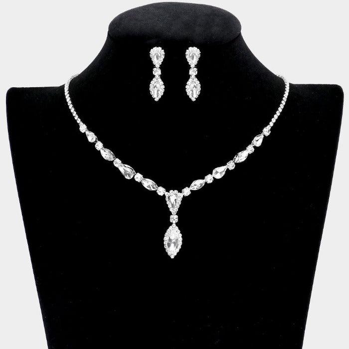 Teardrop Clear Marquise Stone Rhinestone Silver Necklace Set