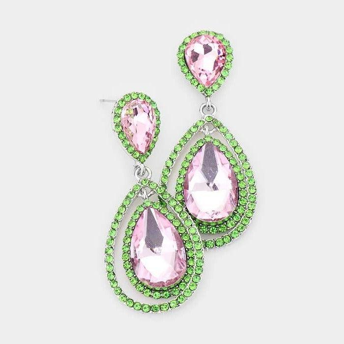 Teardrop Pink & Green Crystal Dangle Silver Evening Earrings