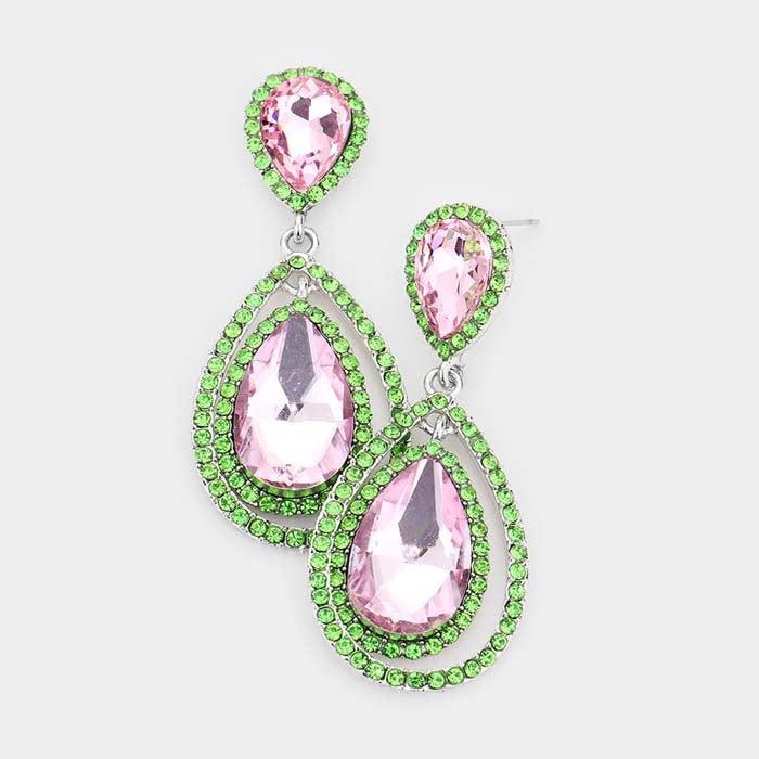 Teardrop Pink & Green Crystal Dangle Silver Evening Earrings