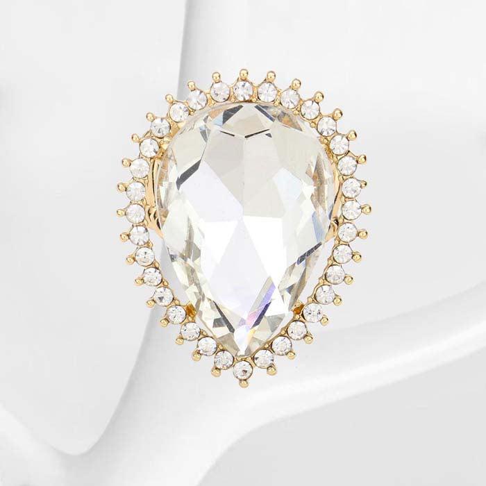 Teardrop Clear Stone Accented Gold Stretch Ring