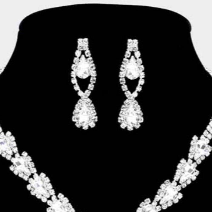 Teardrop Clear Stone Accented Rhinestone Silver Necklace Set