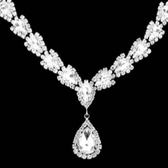 Teardrop Clear Stone Accented Rhinestone Silver Necklace Set