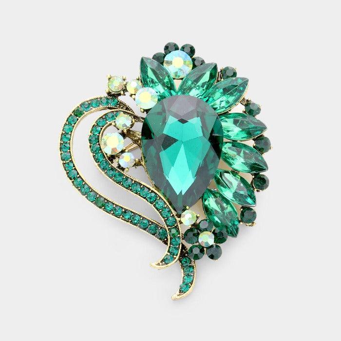 Teardrop Crystal Center Green Flower Pin Brooch