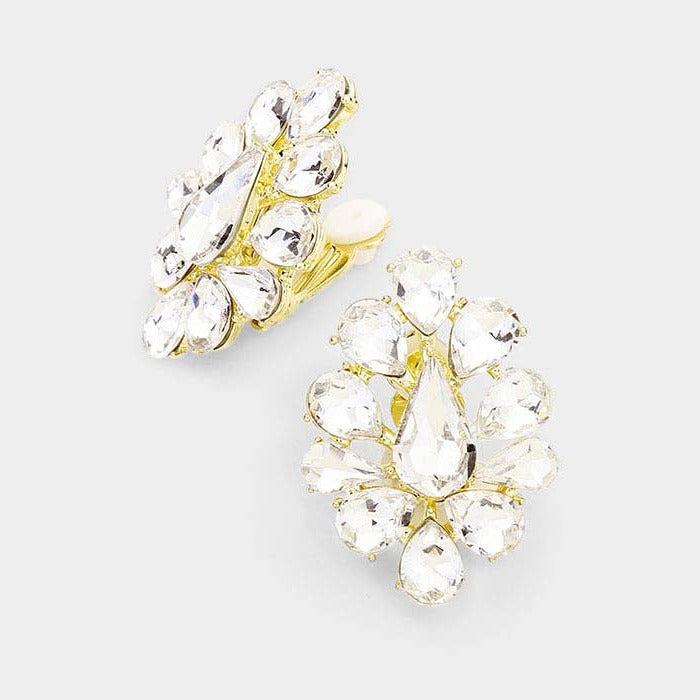 Teardrop Crystal Cluster Clip On Earrings