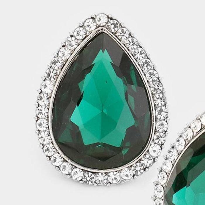 Teardrop Emerald Green Crystal Rhinestone Clip On Earrings