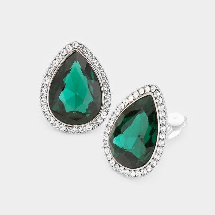 Teardrop Emerald Green Crystal Rhinestone Clip On Earrings