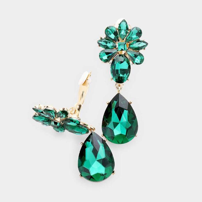 Teardrop Green Crystal Oval Floral Clip On Earrings-Earring-SPARKLE ARMAND