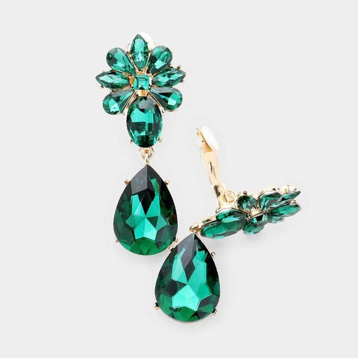 Teardrop Green Crystal Oval Floral Evening Clip On Earrings 